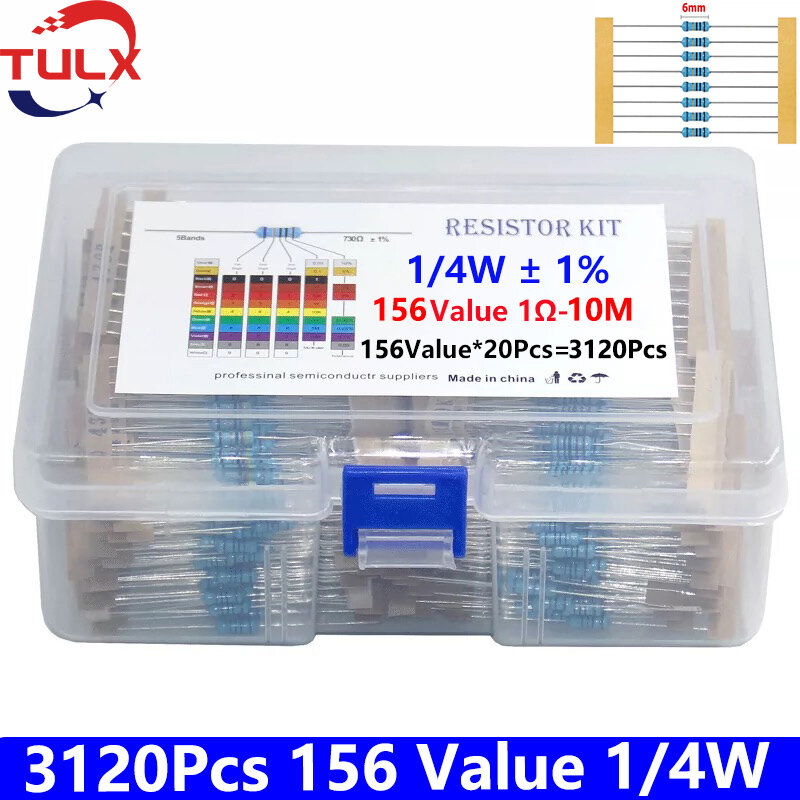 3120pcs/ Box Metal Film Resistors 156 Values 1/4W 0.25W 1% 1R-100R-1K-10M  Set Lot Resistors Assortment Kits Fixed Resistor Kit