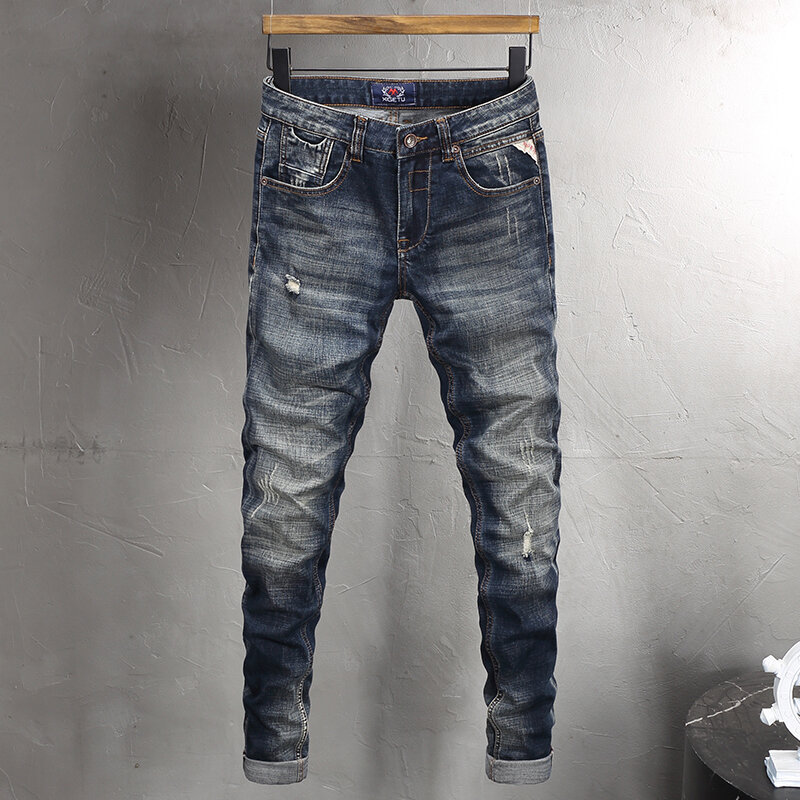Jeans rasgado retrô de alta qualidade masculino, calças jeans elásticas, stretch fit, italiana, vintage, preta, azul, estilista
