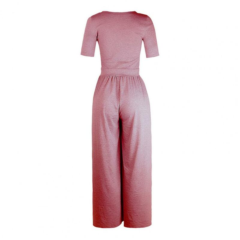 Lady Summer Jumpsuit Short Sleeves Pleated Wide Leg Deep Crotch Pant Full Lengtn Casual Daily Homewear Lady Long Jumpsuit