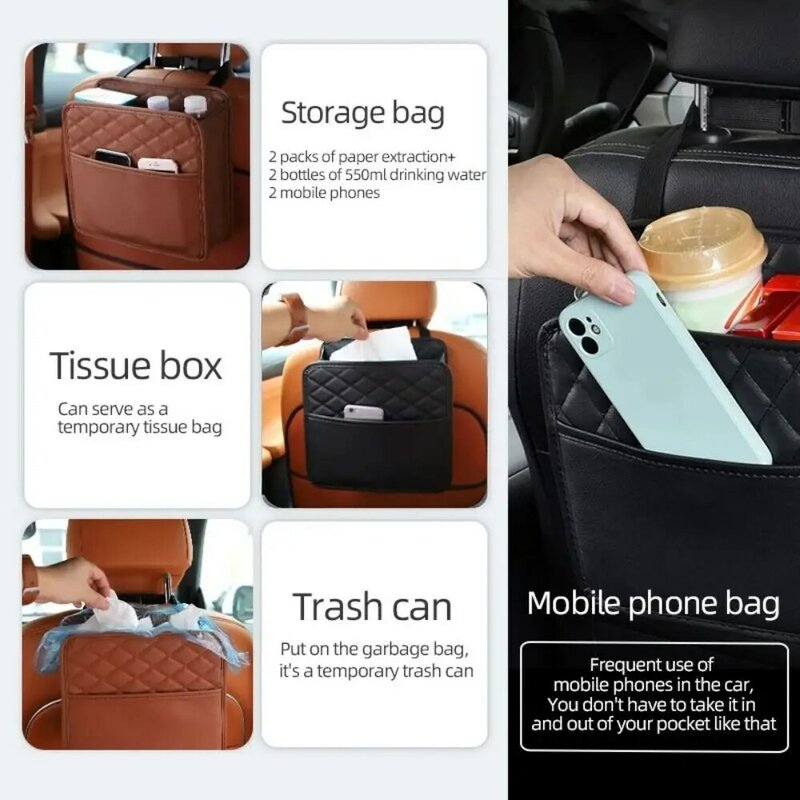 Car Backseat Storage Bag Large Capacity Pocket Automobile Hanger Organizer Collector Adjustable Vehicle Leather Storage Bag