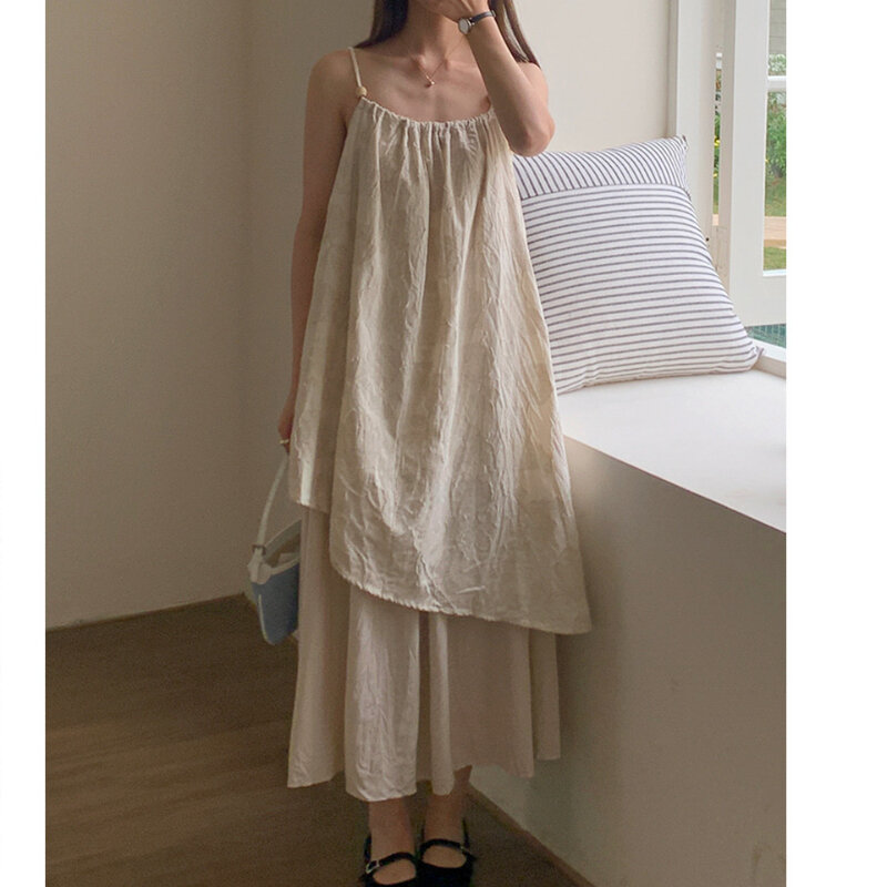 Mori Girl-Vestido largo de lino y algodón para mujer, traje holgado de estilo Vintage, con tirantes finos, estilo Retro, para vacaciones, 2024
