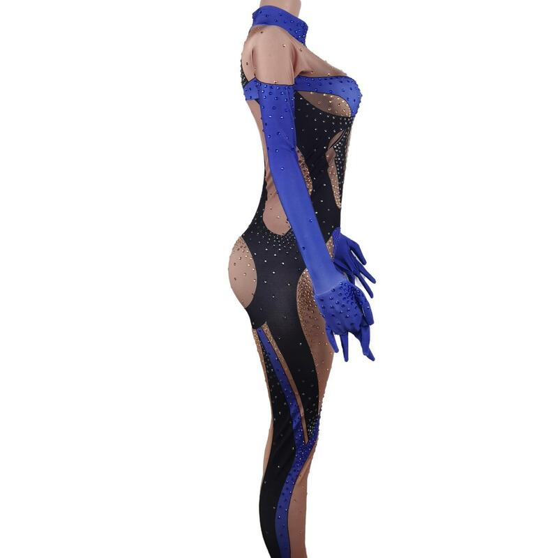 Blauwe Zwarte Stenen Jumpsuit En Handschoenen Vrouwelijke Eendelige Performance Leggings Verjaardag Cosplay Dans Spandex Outfit Lanmo