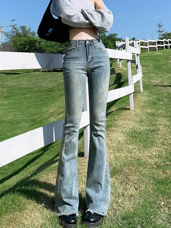 Vintage Blue ขากางเกงยีนส์ผู้หญิงฤดูใบไม้ผลิฤดูร้อน Chic สูงเอว Slim Micro Flare กางเกงยีนส์ Lady Casual Skinny กางเกงยีนส์