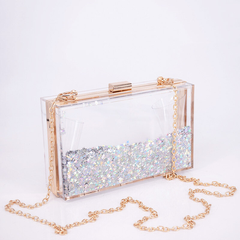 Borsa da donna per cosmetici a tracolla Y2k borsa da sposa per feste in acrilico con catena di perline di sabbia liquida trasparente