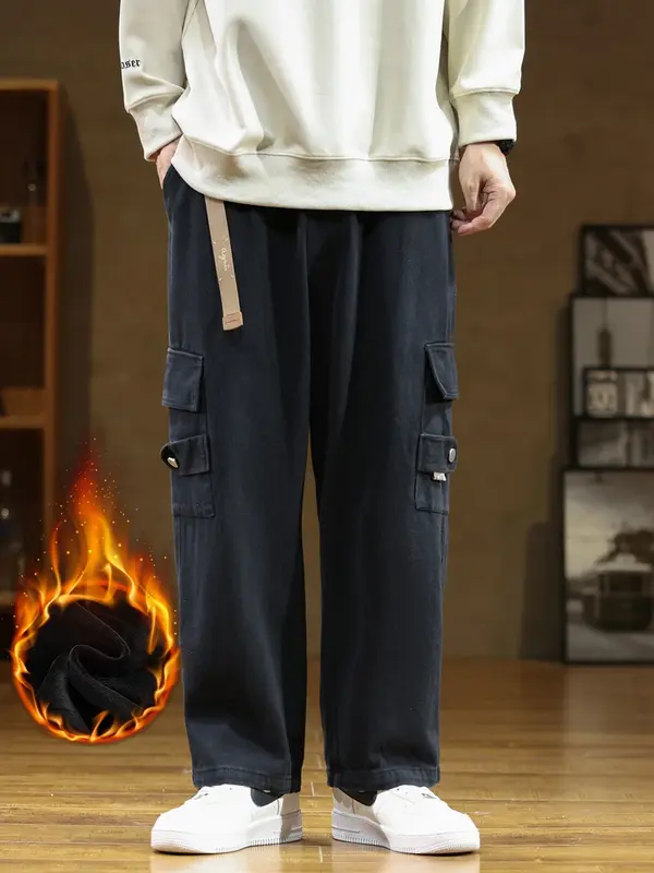 2024 zimowe nowe spodnie Cargo męskie polarowa podszewka gruba ciepła bawełna Casual szerokie spodnie męskie luźne proste spodnie duży rozmiar 8XL