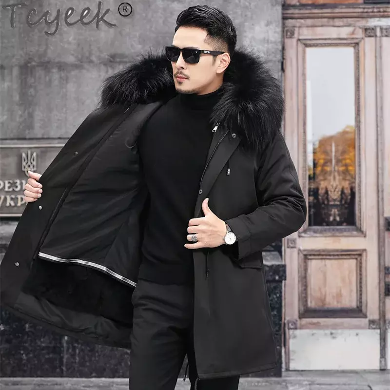 Tcyeek jaket wol domba alami pria, jaket Parka Musim Dingin 2023, mantel bulu rubah hangat kerah bulu domba model Korea untuk pria