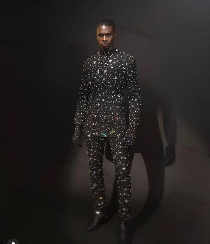 Костюм мужской из блейзера и брюк, официальный комплект из 2 предметов, пиджак с черными кристаллами на заказ для выпускного вечера, офисный деловой смокинг для жениха, свадьбы