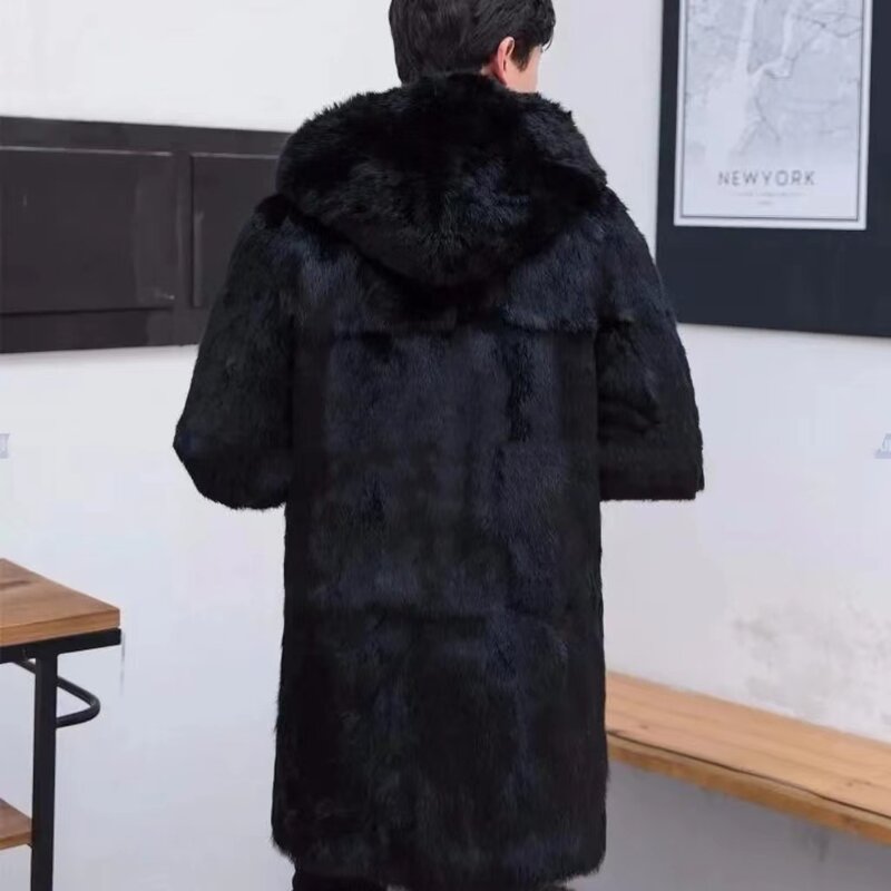 Abrigo de piel de conejo Real para hombre, abrigo de piel de longitud media, Abrigo con capucha, abrigo suelto, ropa exterior, W250, 2024