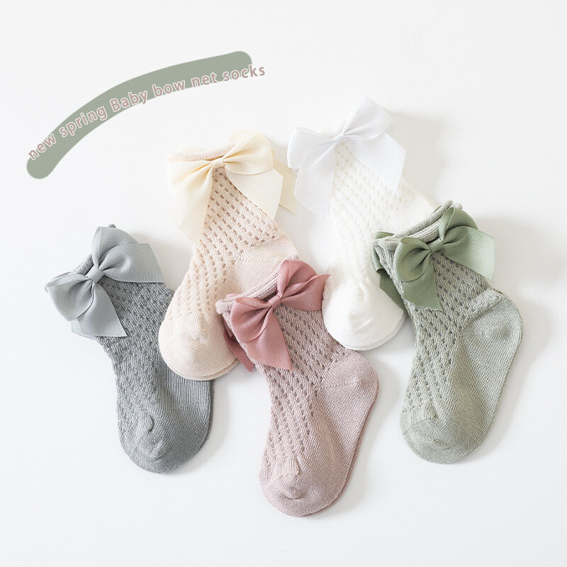 Calcetines de princesa para niños pequeños, medias largas con lazo grande, caladas, estilo piña
