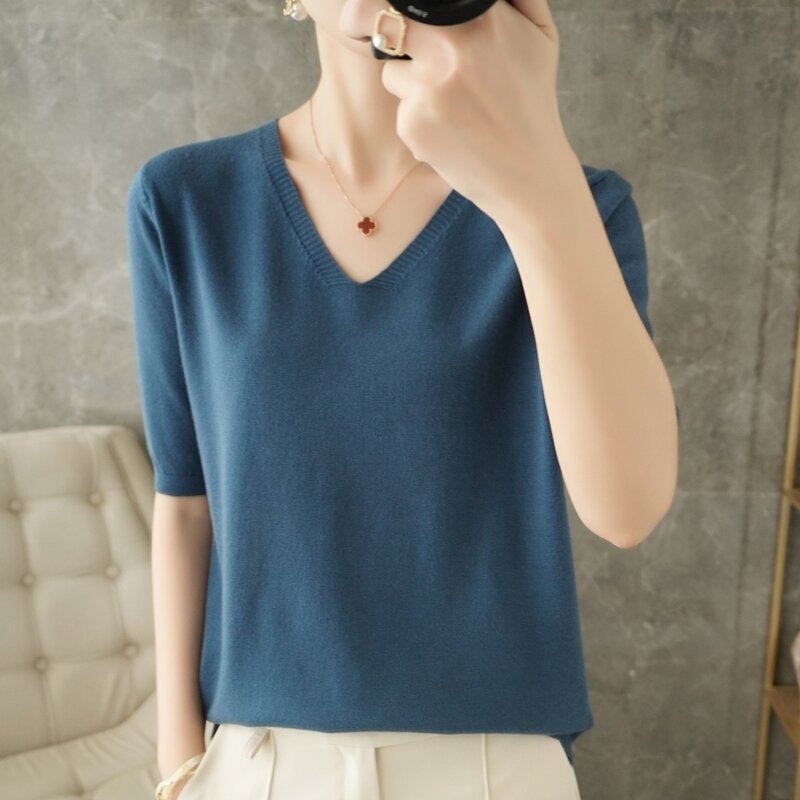 Женский свитер, пуловер с коротким рукавом, свободная футболка в Корейском стиле с маленькой рубашкой, однотонный топ, новинка весны и лета 2022