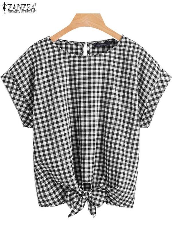 Коллекция 2024 года, топы ZANZEA, летняя модная клетчатая женская блузка в клетку с коротким рукавом и галстуком-бабочкой, винтажная модель, праздничная рубашка, повседневные свободные блузы