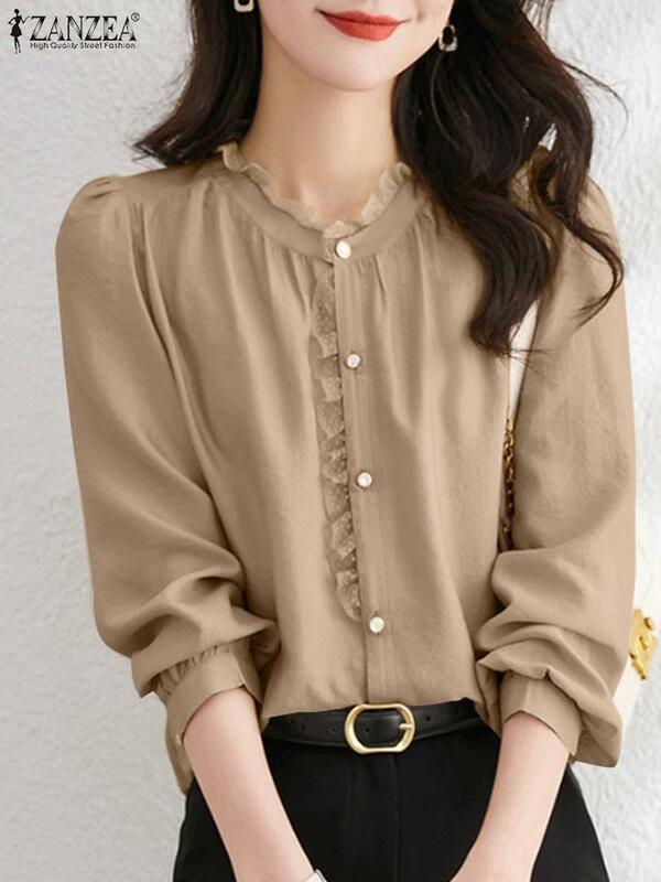 Модная офисная рубашка ZANZEA, женская блузка с длинным рукавом, повседневная однотонная Офисная Рабочая блузка, блузки на пуговицах на весну и лето