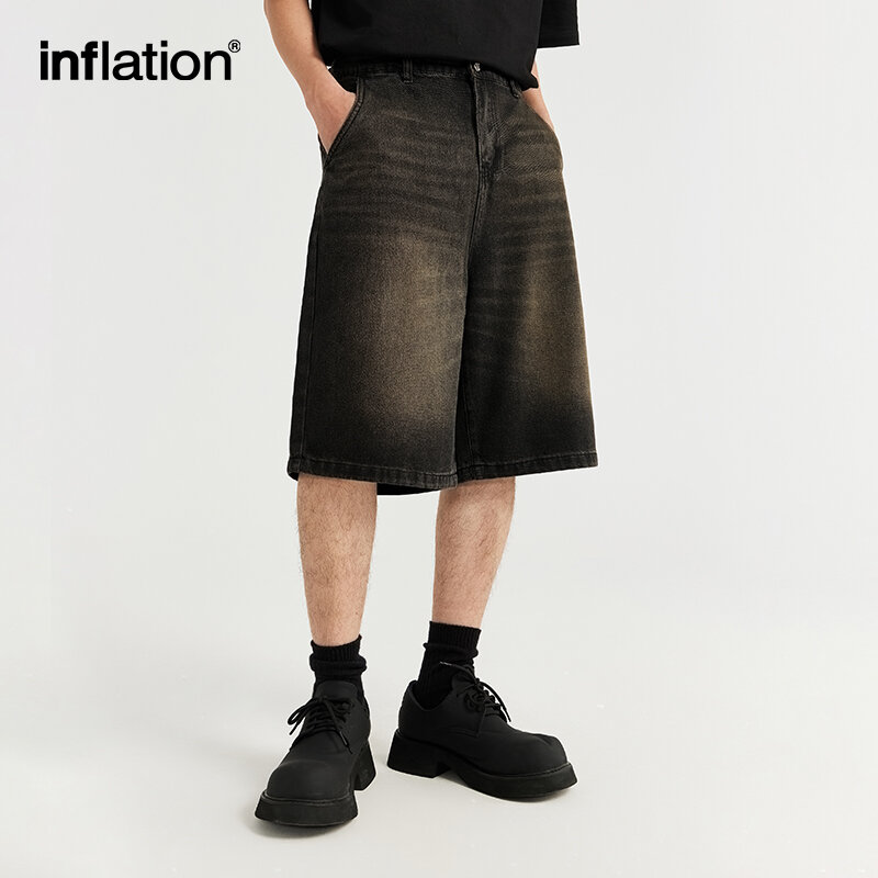 INFLATION Distressed Washed Straight-leg Jeans Shorts Streetwear Men High Street Denim Shorts Plus Size