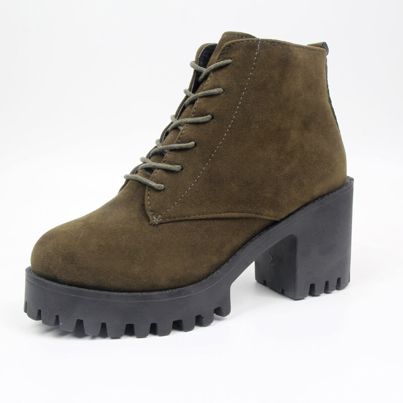 Sepatu bot hak tinggi musim gugur wanita, sepatu bot Platform kasual sol pendek Suede bertali bergaya Vintage untuk wanita