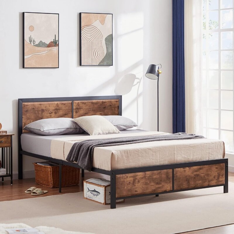 เตียงควีนแพลตฟอร์มพร้อมหัวเตียงไม้โบราณแบบชนบทรองพื้นที่นอนแผ่นโลหะแข็งแรงรองรับ