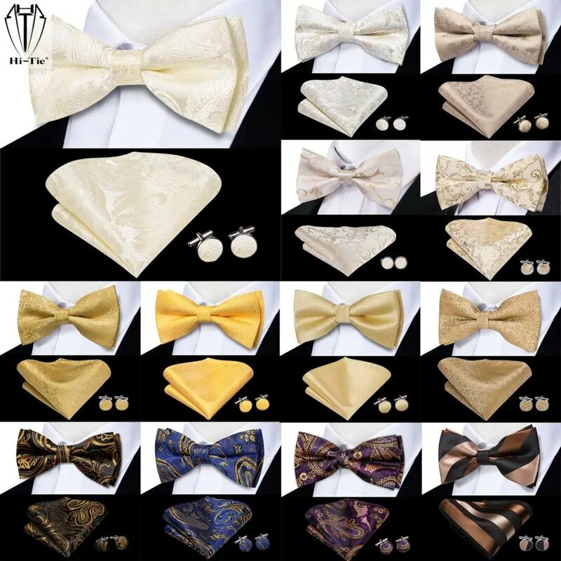 Hi-Tie Beige Champagne Gold Silk Mens Bow Tie Hanky Cufflinks Set Pre-tied Butterfly Knot Bowtie for Male Wedding Business Gift
