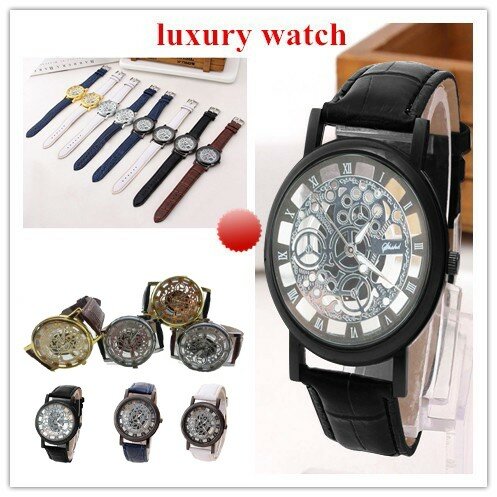 Relógio vintage de aço inoxidável masculino, quartzo mostrador oco, pulseira de couro luxuoso, relógio casual, design elegante