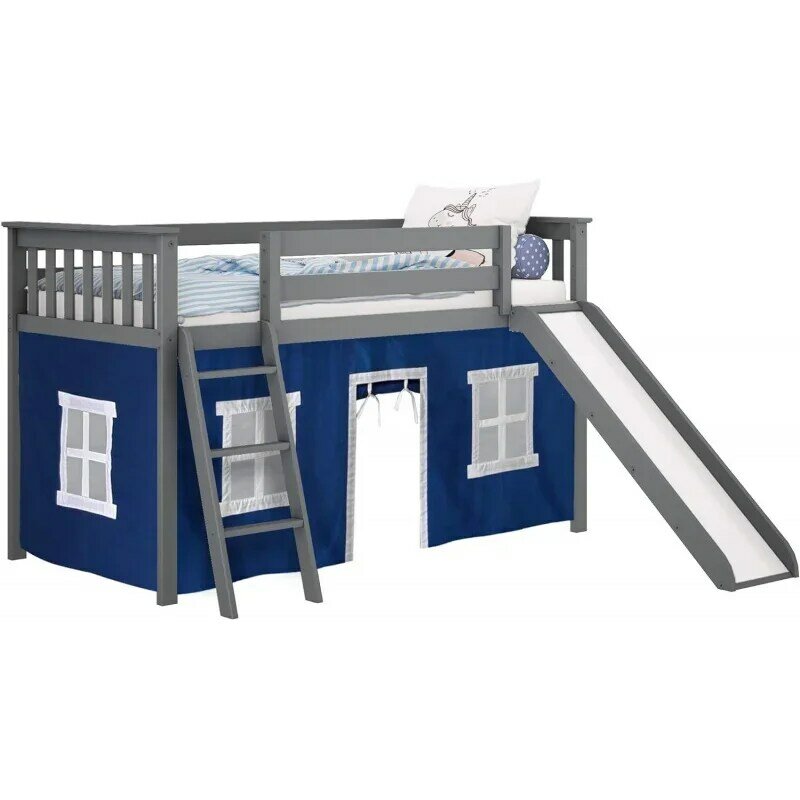 Max & Lily Low Loft Bed, Twin Bed Frame For Kids With Slide and Curtains For Bottom, Grey/Blue