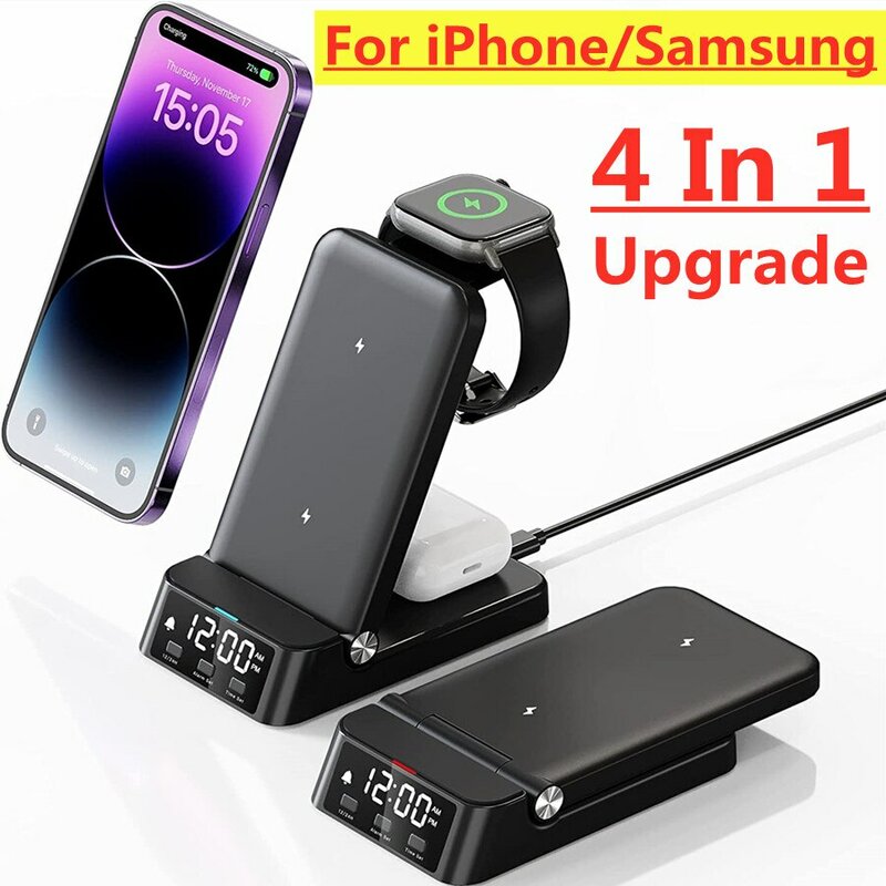 Support de chargeur sans fil 4 en 1 pour iPhone, 15, 14, 13, 12 X, Samsung Galaxy S22, S21, Apple Watch Airpods, Station de charge rapide S6, 15W