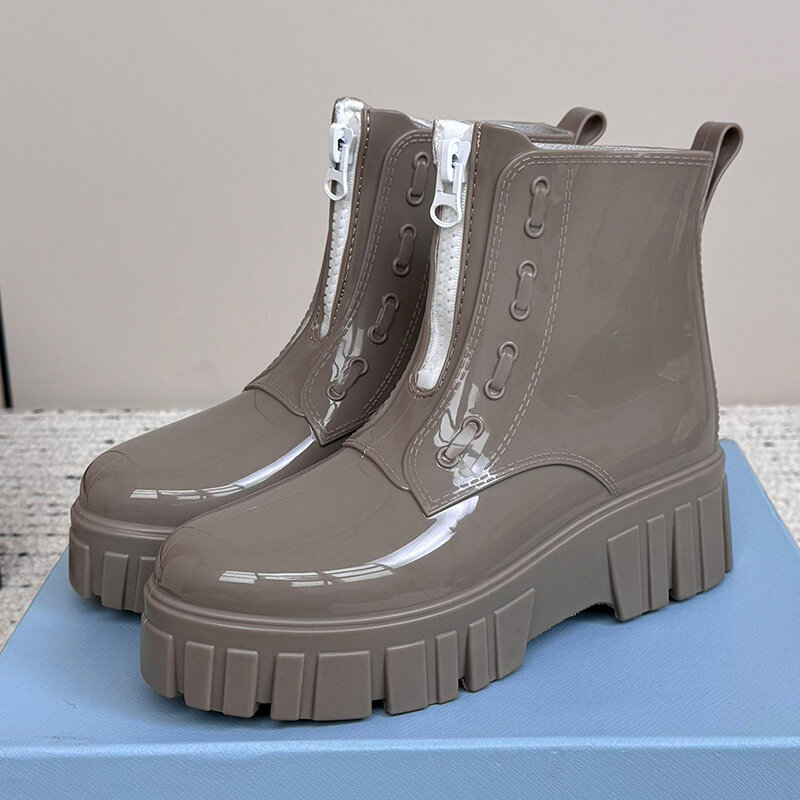 2024 New Women's Rain Boots Summer Candy Colors Upper Waterproof Ankle Boots Front Zipper Design Thick Bottom Ladies Shoes