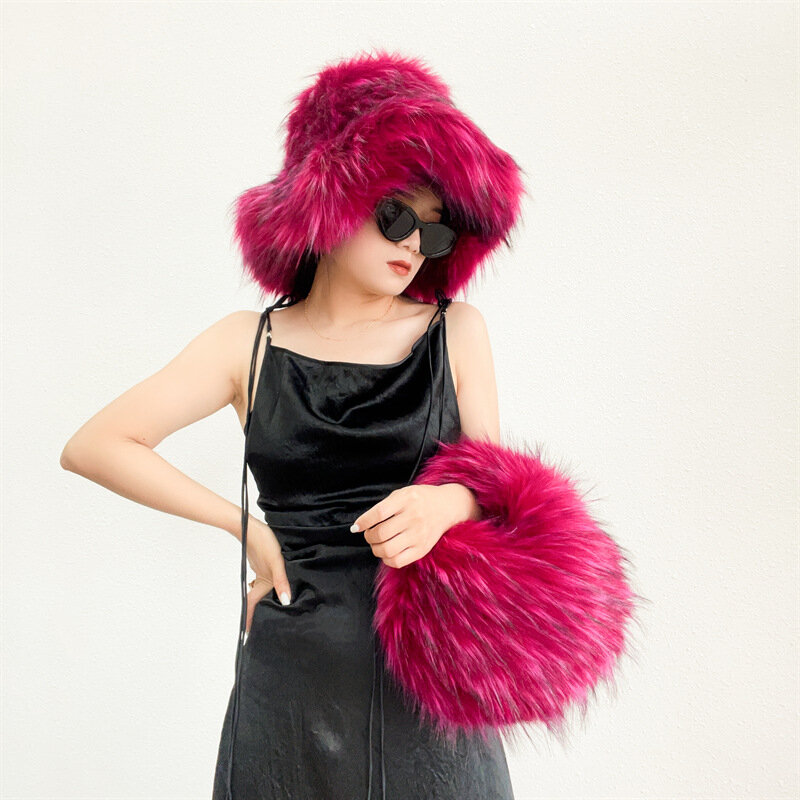 Y2K Millennium Faux Fur Hat and Handbag Sets para mulheres e homens, conjuntos de meninas, hip pop, grosso, fofo, bolsa de inverno, outono