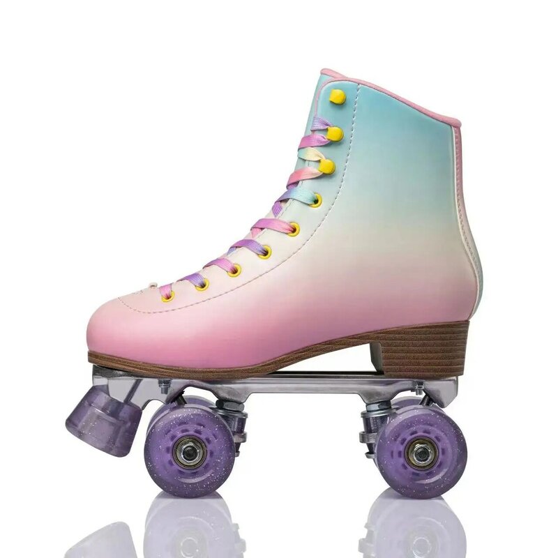 Sapatos de patins de camurça verde confortável, suporte de liga de alumínio, dupla linha transparente roxa, 4 rodas, patins de moda para adultos