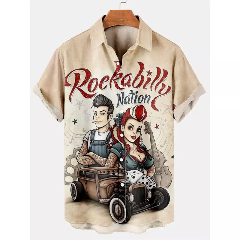 Camisa de rua havaiana masculina, estampada 3D clássica, camiseta de manga curta, lapela de música rock, top masculino, roupas vintage, tamanho grande, nova