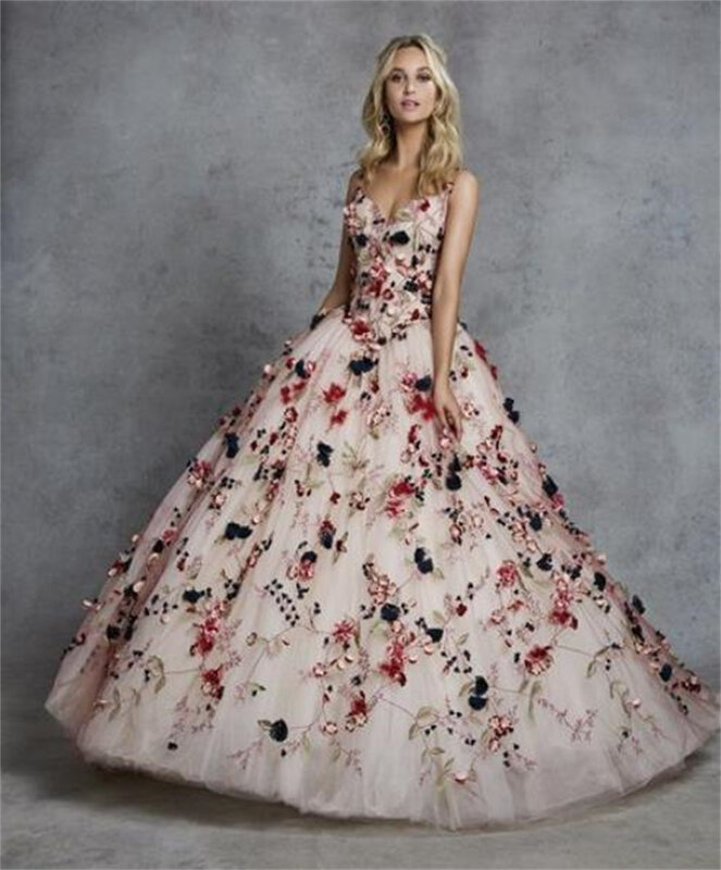 Custom Wedding Dress 3d Flower Leaves Puffy Skirt Suspender To Floor Pink Multi-Layer Tulle Colorful Elegant Pastoral 2023
