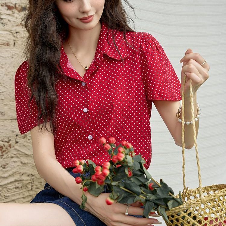 Camisa feminina de manga curta, estilo de Hong Kong, bolinhas vermelhas, blusa retrô francesa, roupa feminina, nova, verão, 2024
