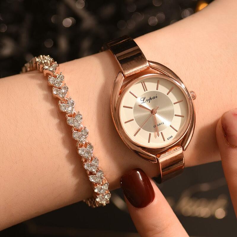 Lvpai Merek 2 buah Set jam tangan gelang Wanita Mode gaun wanita jam tangan kuarsa emas mawar mewah Set jam tangan dropshipping
