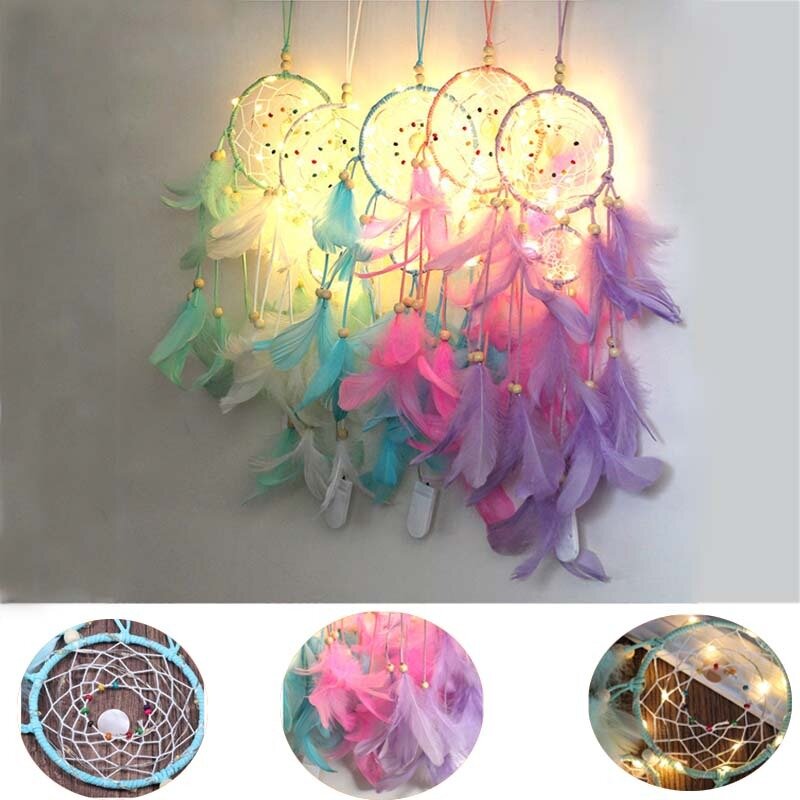 Dream Catcher with Night Light Feathers Bead Night Light Wall Hanging Decoration Handmade Home Kids Room Decor Ornament Gift
