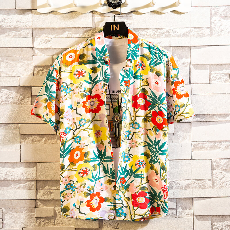 Гавайская рубашка мужская с коротким рукавом, повседневная хлопковая пляжная сорочка с цветочным принтом, гавайская пляжная сорочка с лацканами, Винтажная футболка, большие размеры, лето