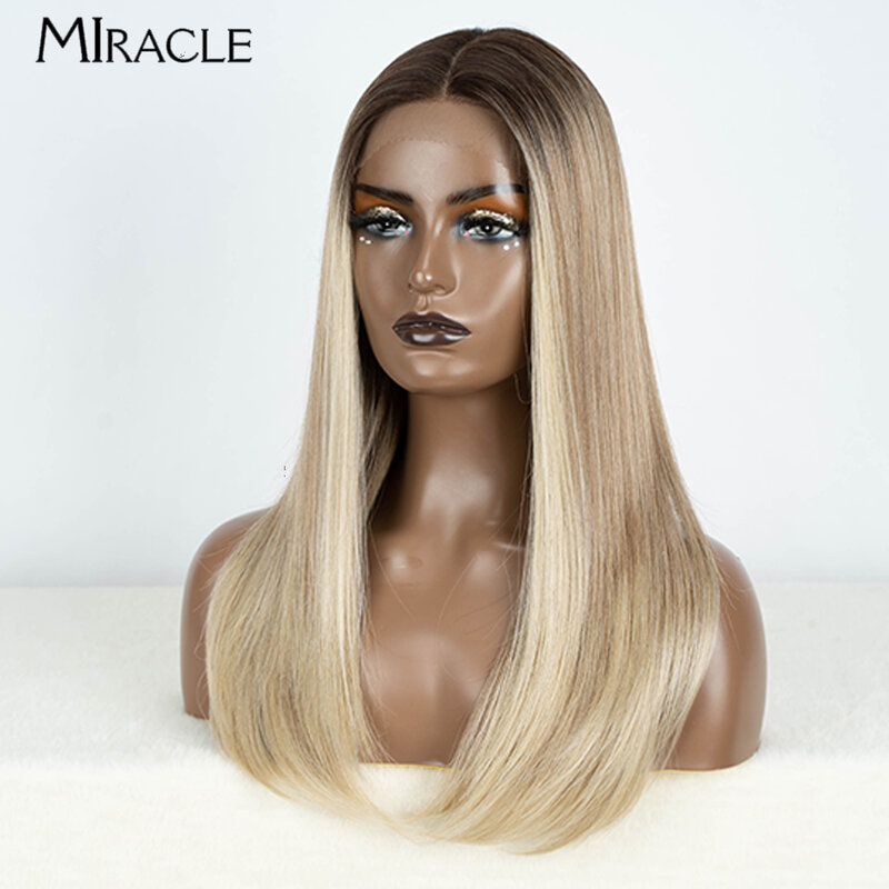 Wig renda sintetik wanita Wig pirang Ombre MIRACLE untuk wanita Wig renda lurus lembut 22 "Wig rambut palsu Cosplay tahan panas
