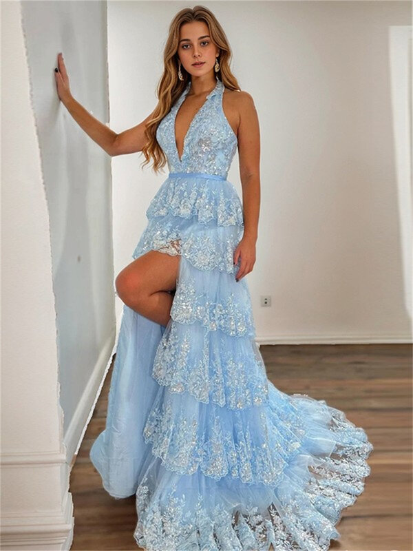 Halter V-Neck Tiered Ruffles Prom Dresses With Split Side Lace Appliques Sashes Sleeveless Ball Gowns A-Line Formal Evening Gown