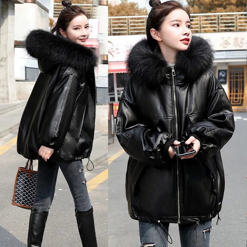 Женское кожаное пальто из хлопка, парка, новинка 2023, зимние куртки, короткая теплая ветрозащитная мотоциклетная верхняя одежда с капюшоном, кожаная одежда