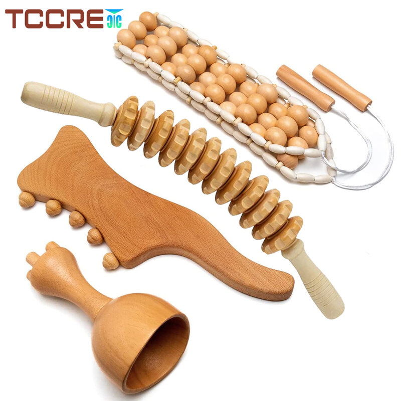 Houten Roller Stick Gua Sha Board Roller Touw Lymfedrainage Massager Professionele Maderoterapia Kit Body Sculpting Tools
