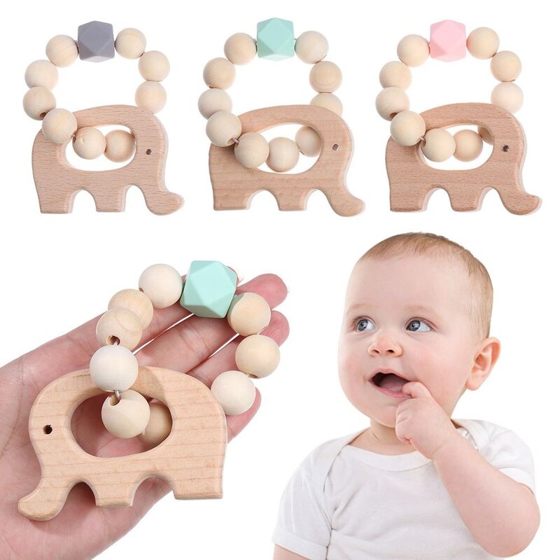 Pulseras de dentición de silicona para bebé, juguetes de madera para decoración, mordedor de madera para lactancia, cuentas de silicona de seguridad para bebé