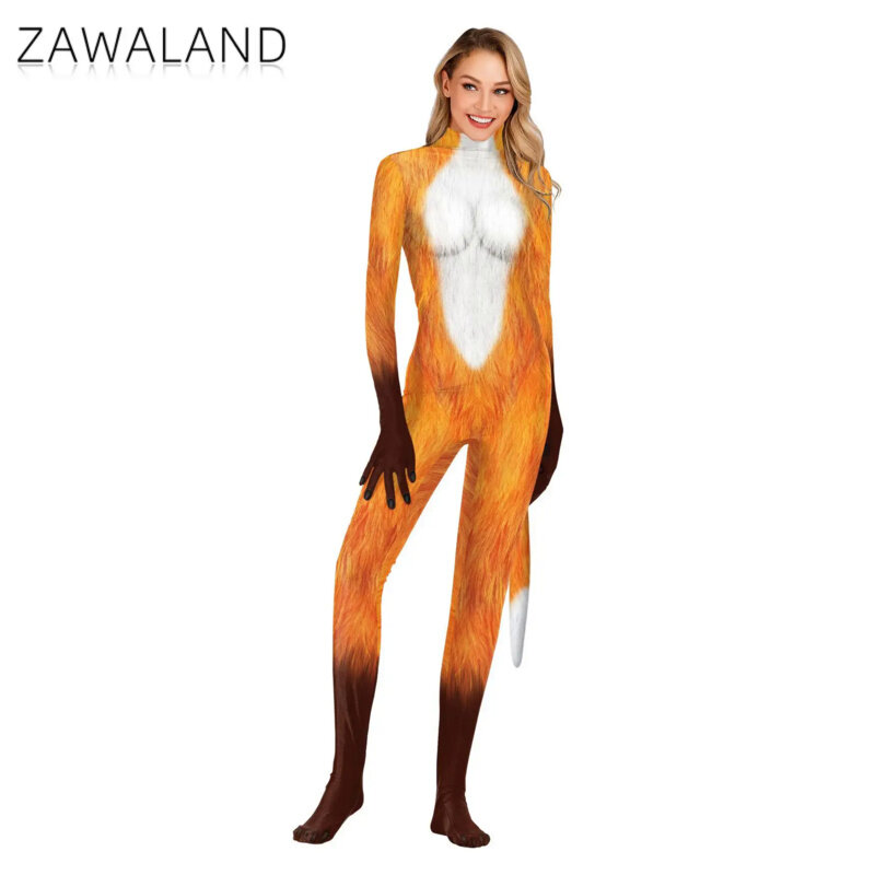 Zawaland costumi di Halloween per le donne Animal Fox stampa 3D Zentai Pet Suit Sexy Slim tute body Fancy Dress