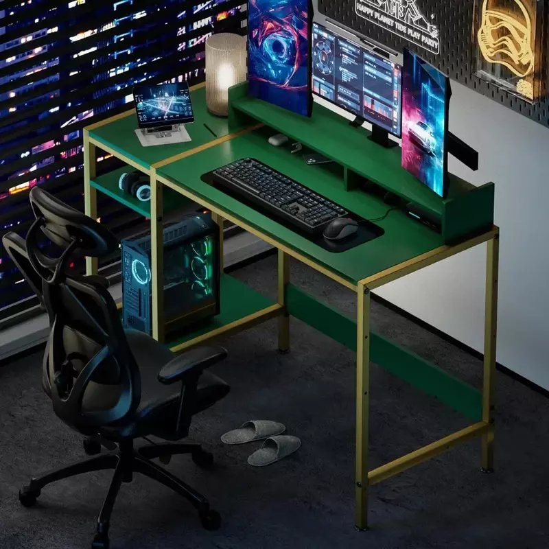 Bureau d'ordinateur de jeu avec espace de rangement, bureau d'écriture pour 2 moniteurs, espace de rangement réglable, table d'angle de bureau