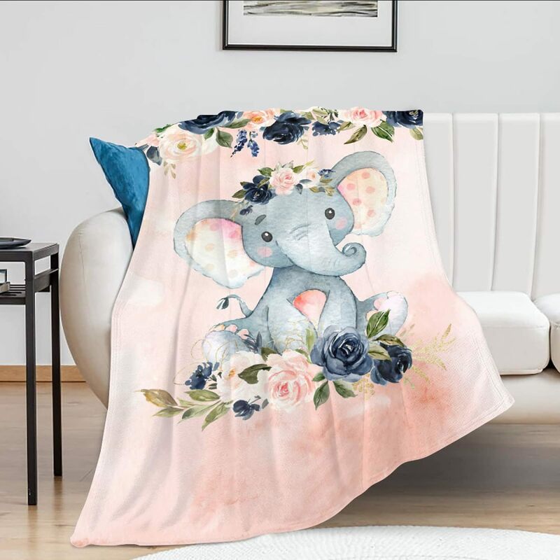 Selimut gajah bayi, selimut Linen lembut Super hangat dekorasi gajah bunga merah muda hadiah anak perempuan