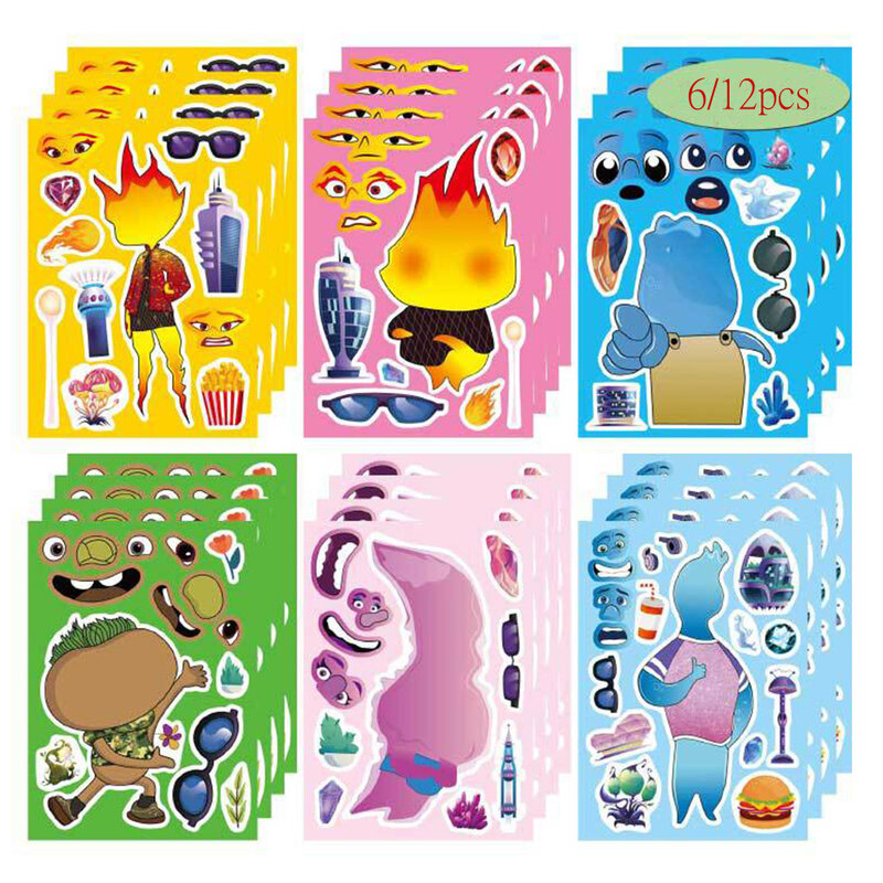 6/12sheets Kawaii Disney Movie Elemental Cartoon Puzzle Stickers Kid Make a Face Game Sticker Assemble Jigsaw Education Sticker
