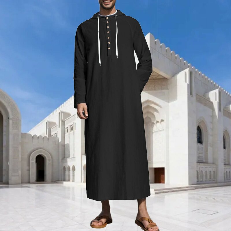 男性のためのイスラム教徒のフード付きバスローブ,真ん中に別れのあるシックな衣装,ヴィンテージ,長袖,巾着ポケット,男性のためのファッション