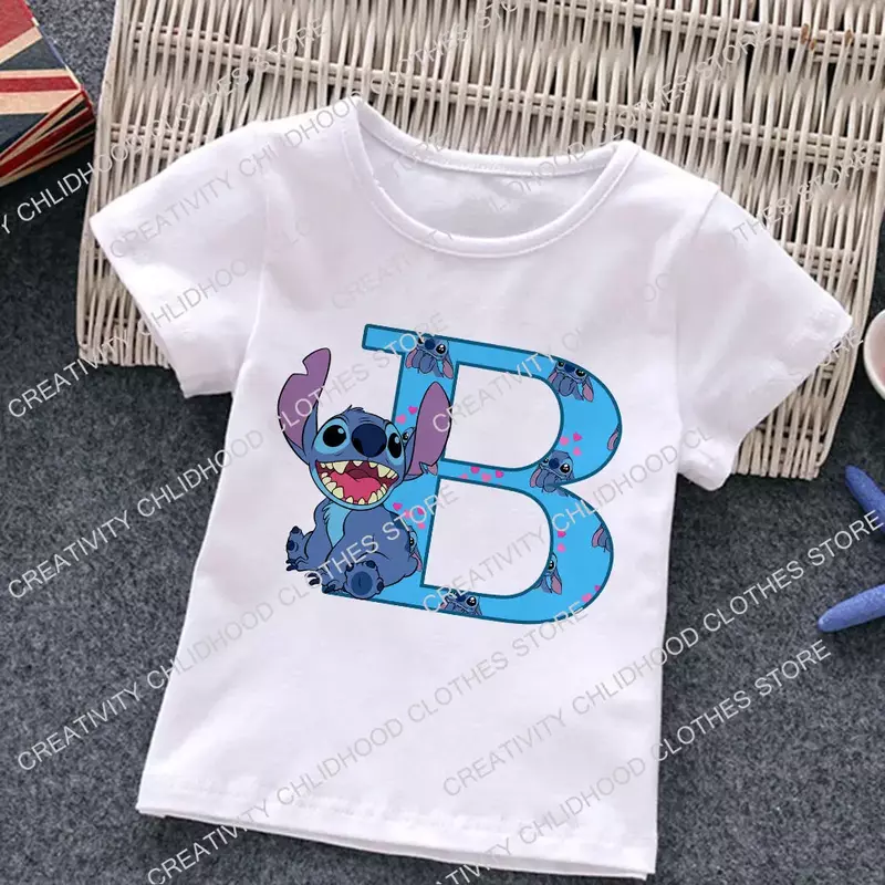 Nowy ścieg litera A B C D t-shirt dla dzieci kombinacja koszulek bajki Kawaii dziecko odzież codzienna dziewczynka Boy koszulki w stylu Harajuku