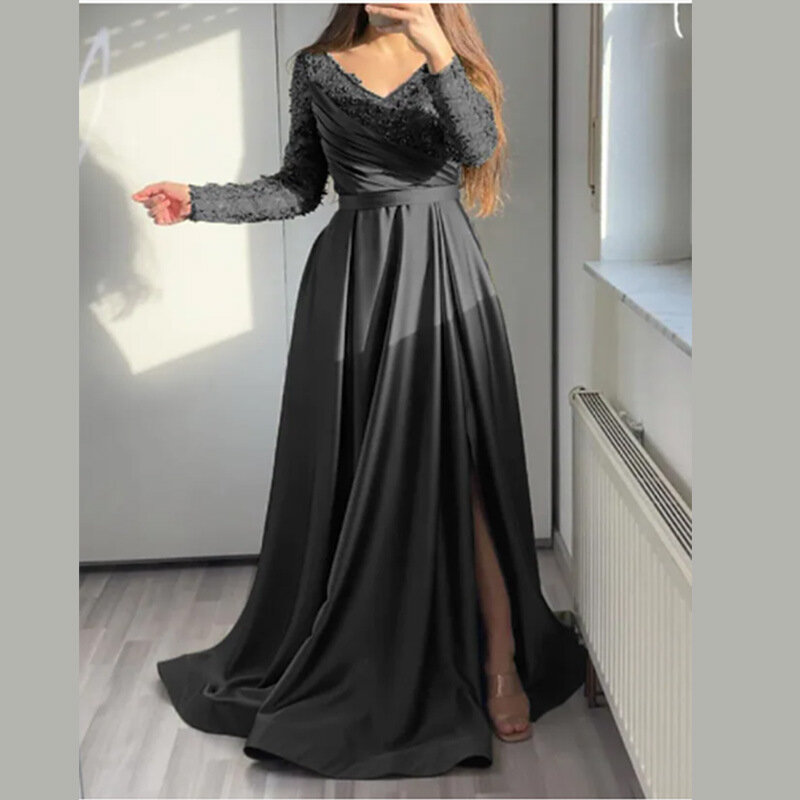 Elegant Women Evening Party Dress Sexy Lace Long Sleeve V-neck Ruffles Cocktail Prom Gown Split New Maxi Formal Occasion Dresses