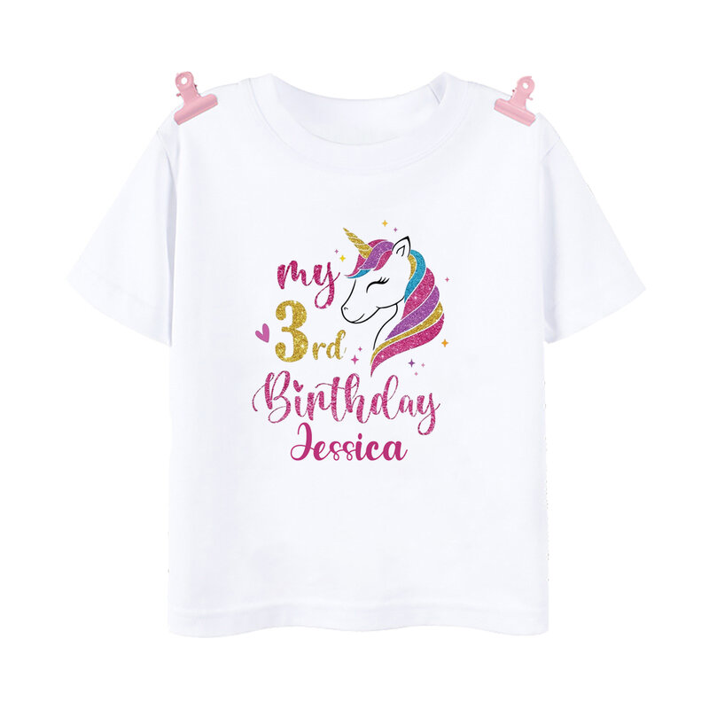 Camiseta de unicornio personalizada para cumpleaños de 1-12, camiseta de fiesta para niñas, ropa de unicornio con nombre, camisetas de moda para niños