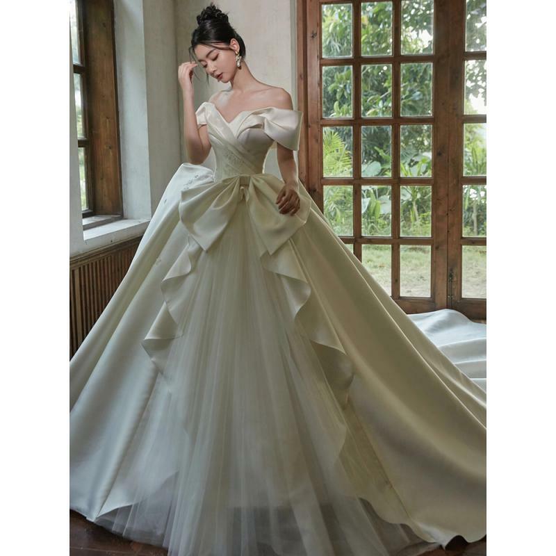 Princess Satin Wedding Dresses For Woman 2024 Bride Ball Gowns Off Shoulder Lace Up Vestidos De Novia Custom Made Floor Length