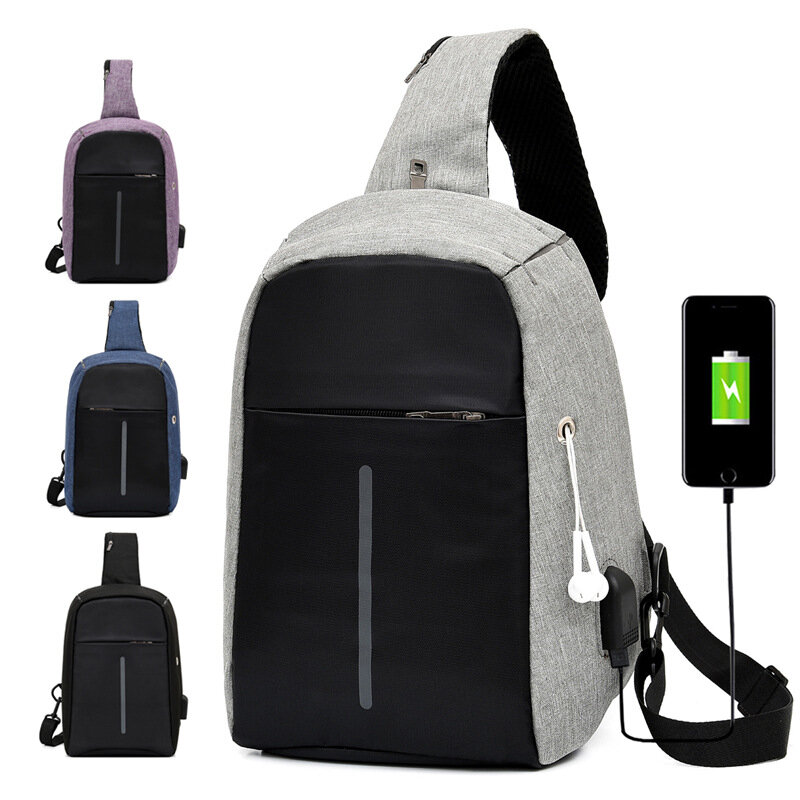 Bolso bandolera para hombre y mujer, mochila de hombro, bolsos de pecho, bolso de día cruzado con puerto de carga USB y orificio para auriculares