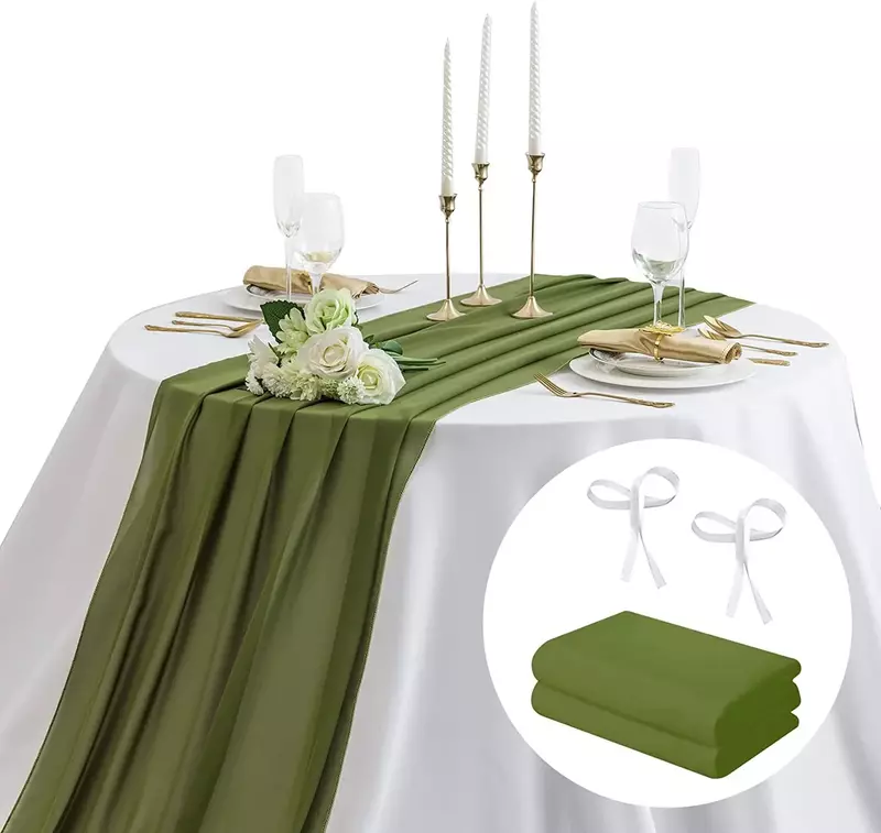 ผ้าปูโต๊ะผ้าชีฟองสีเขียวมะกอกขนาด27.5x118นิ้วโต๊ะวิ่งสำหรับงานแต่งงานงานเบบี้ชาวเวอร์แบบเรียบง่ายของตกแต่งโต๊ะทานอาหาร