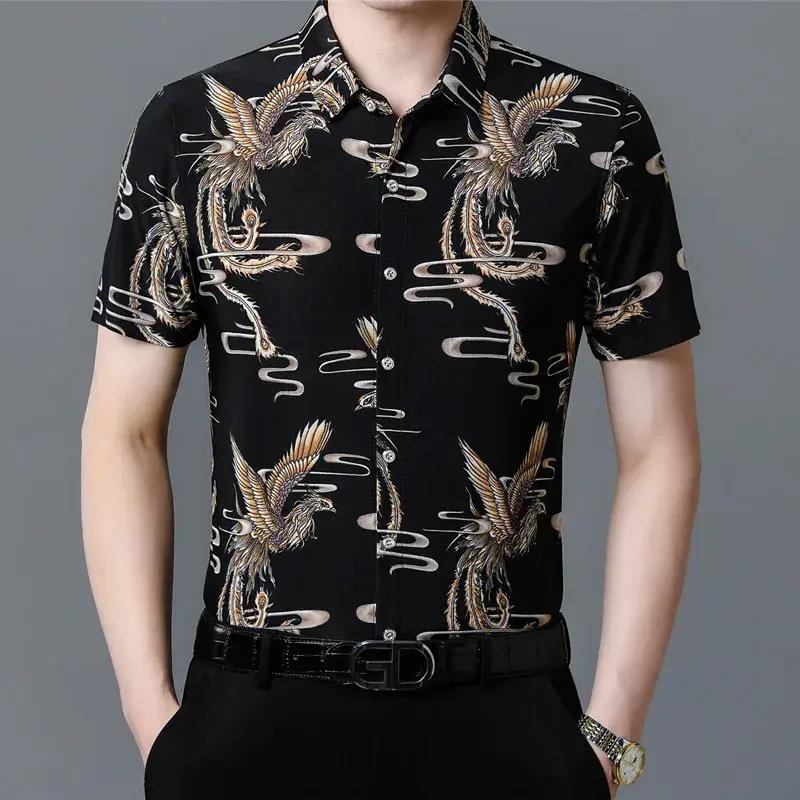 Рубашка мужская с коротким рукавом, модная Повседневная дышащая свободная Удобная с принтом, лето
