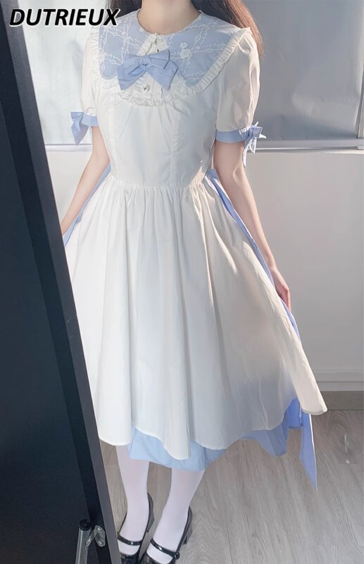 Summer White Blue Color Stitching Lace-up Lapel Short Sleeve Dress Bow Sweet Cute Slim Princess Midi Dresses for Women